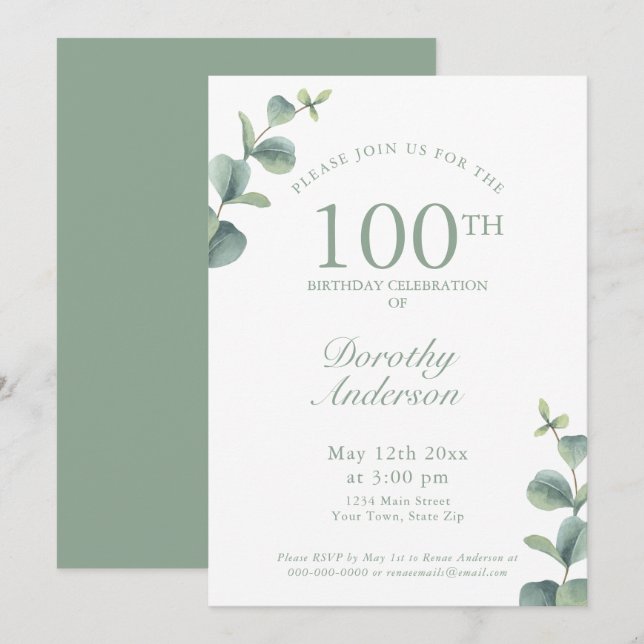 Elegant Eucalyptus 100. Geburtstagsparty Einladung (Vorne/Hinten)