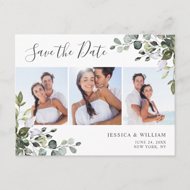 Elegant Eucalyptus 3 FOTO Hochzeit Speichern Sie d Postkarte (Vorderseite)