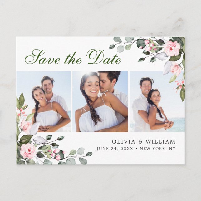 Elegant Eucalyptus 3 FOTO Hochzeit Speichern Sie d Postkarte (Vorderseite)