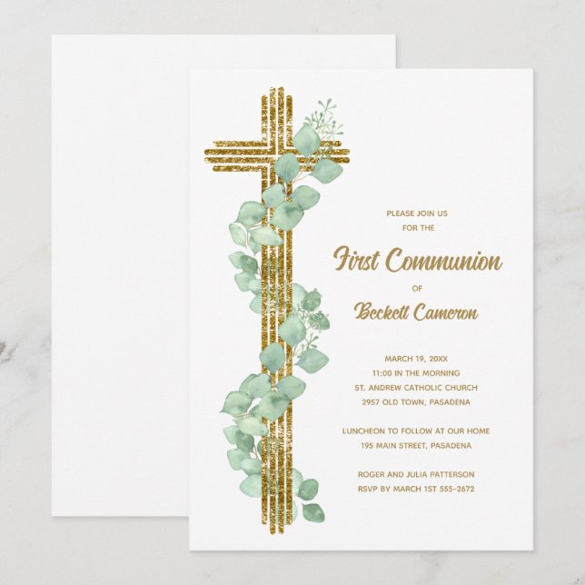 Elegant Eucalyptus and Cross First Communion Einladung (Vorne/Hinten)