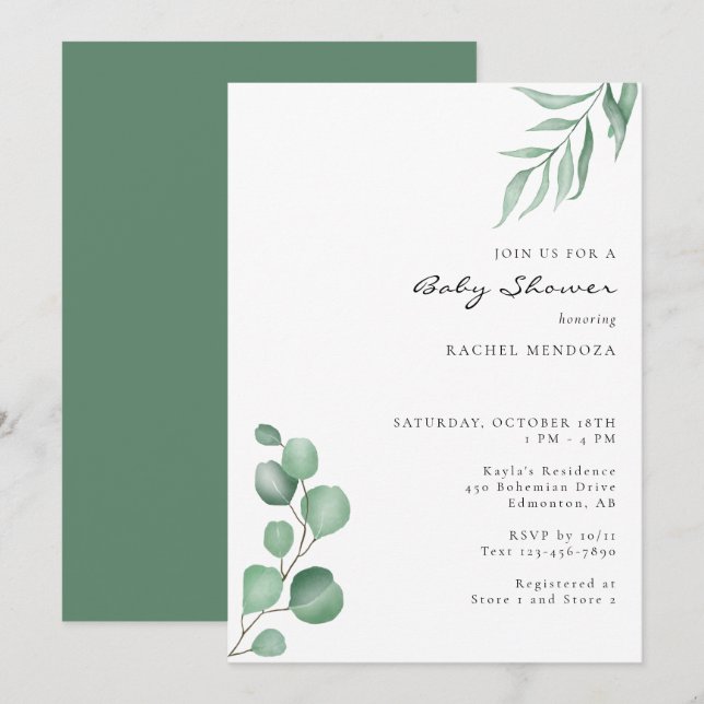 Elegant Eucalyptus Baby Duwer Greeneral Neutral Einladung (Vorne/Hinten)