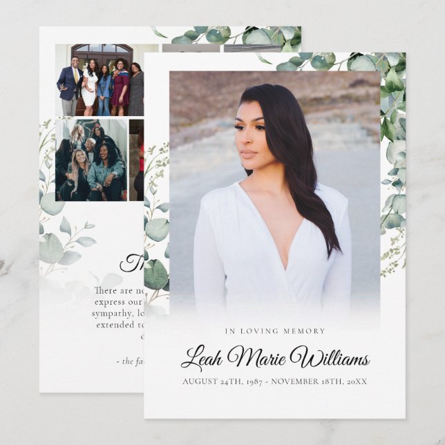 Elegant Eucalyptus Beileid Beerdigung Dankeskarte (Vorne/Hinten)