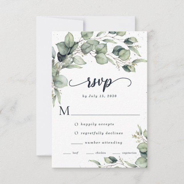 Elegant Eucalyptus Blätter Wedding RSVP Karte (Vorderseite)
