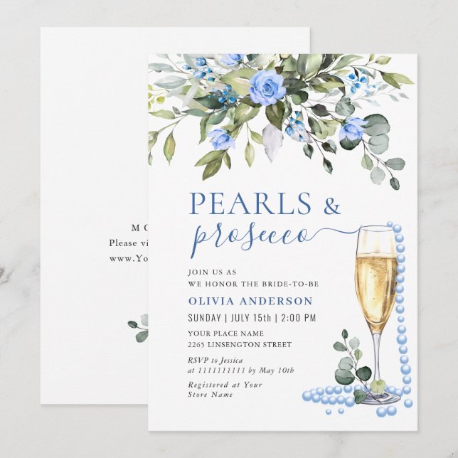 Elegant Eucalyptus Blue Flowers PEARLS & Prosecco Einladung (Vorne/Hinten)