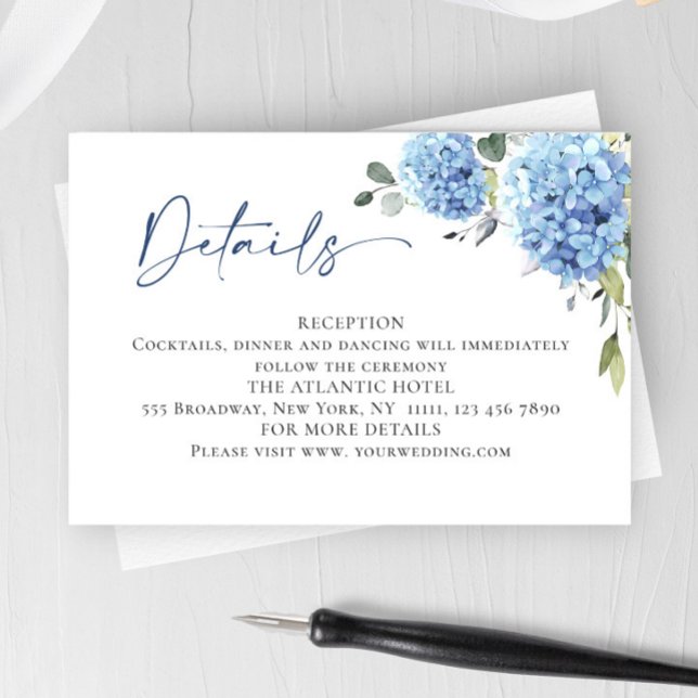 Elegant Eucalyptus Blue Hydrangea Hochzeitdetails Begleitkarte (Von Creator hochgeladen)
