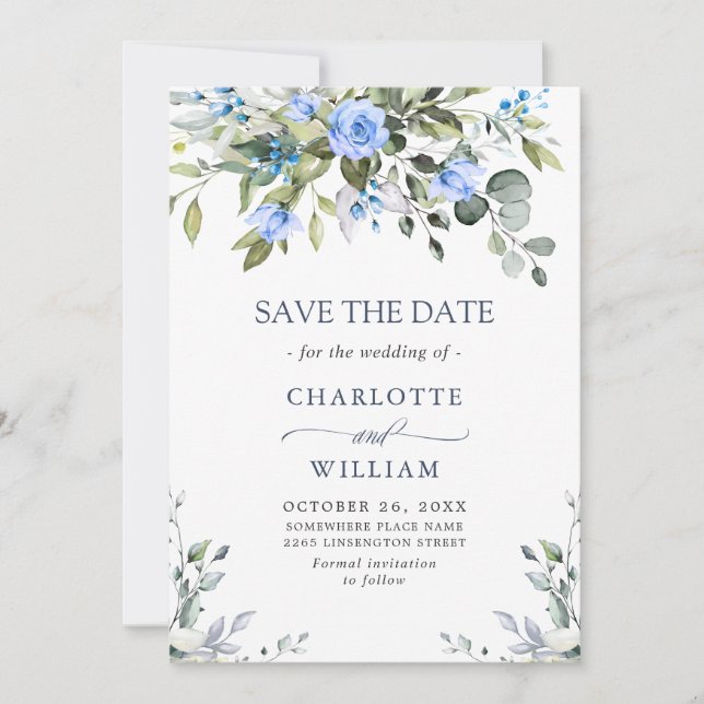 Elegant Eucalyptus Blue Rose Blumenhochzeit Save The Date (Vorderseite)