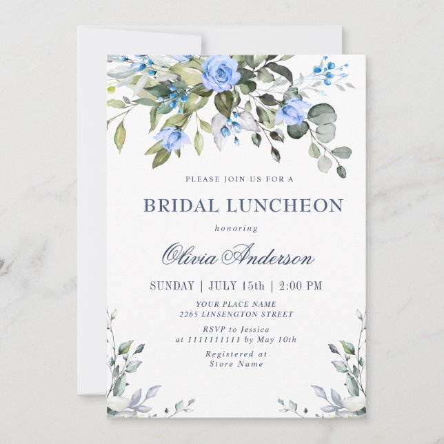 Elegant Eucalyptus Blue Rose BRIDAL LUNCHEON Einladung (Vorderseite)