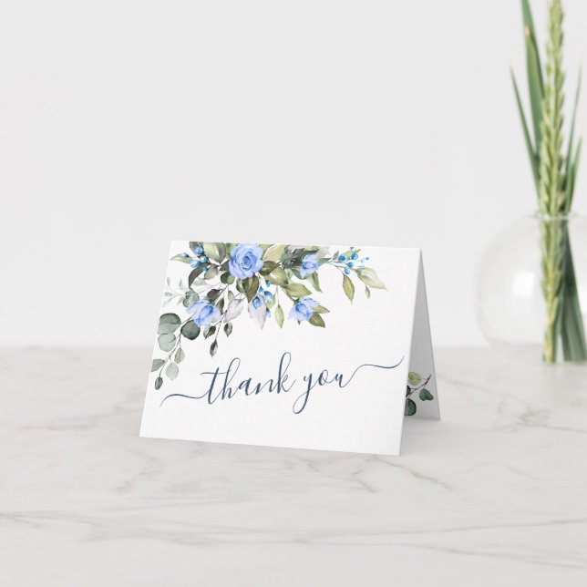 Elegant Eucalyptus Blue Rose Floral Botanisch Dankeskarte (Vorderseite)