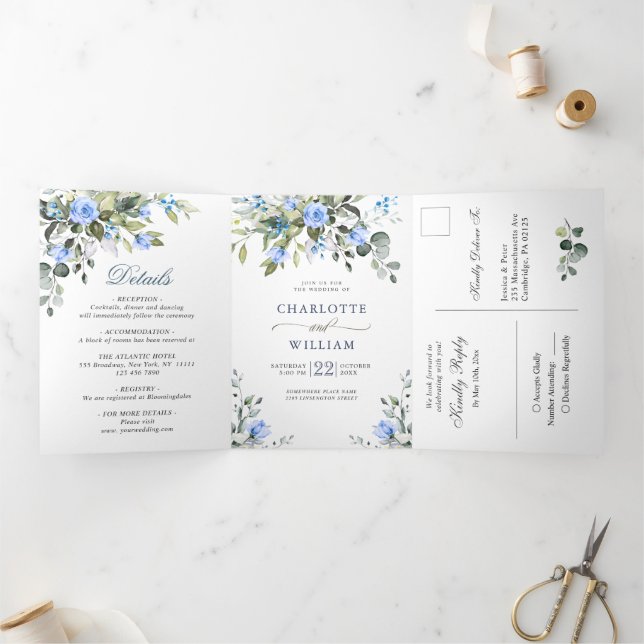 Elegant Eucalyptus Blue Rose Grüne Hochzeit Dreifach Gefaltete Einladung (Innenseite)