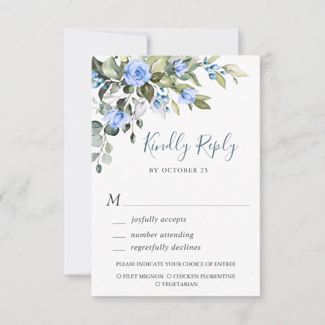 Elegant Eucalyptus Blue Rose Hochzeit RSVP Karte (Vorderseite)