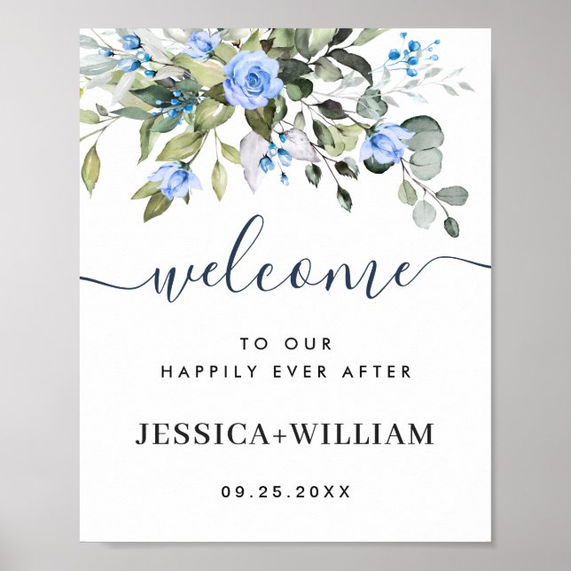 Elegant Eucalyptus Blue Rose Hochzeit Willkommen Poster (Vorne)