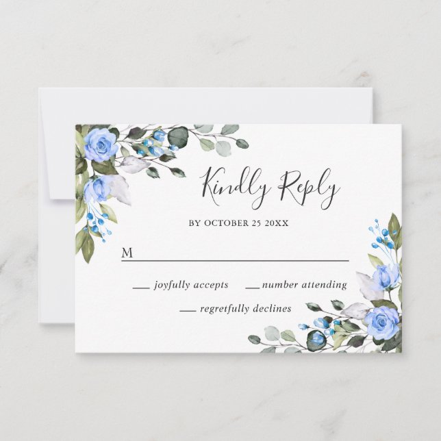 Elégant Eucalyptus Blue Roses mariage carte RSVP (Devant)