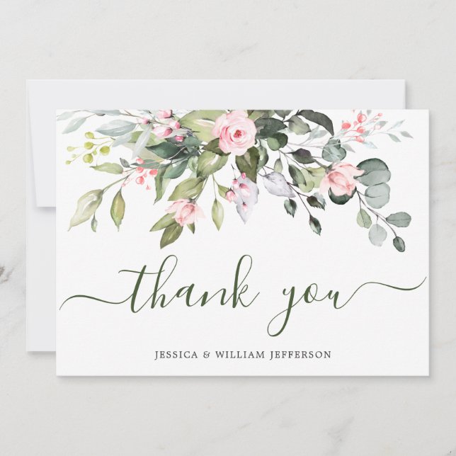 Elegant Eucalyptus Blush Pink Roses Floral Dankeskarte (Vorderseite)