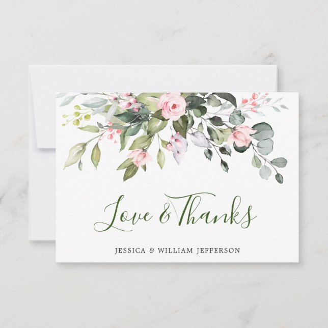 Elegant Eucalyptus Blush Pink Roses Floral Dankeskarte (Vorderseite)