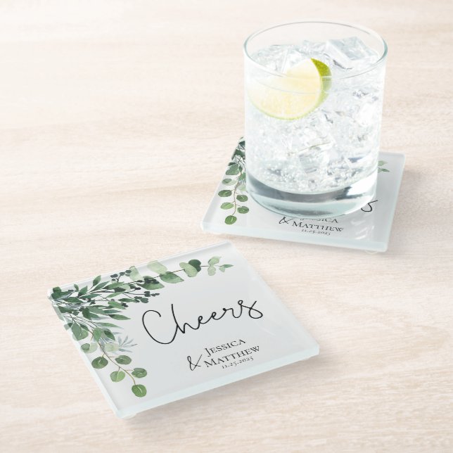 Elegant Eucalyptus Brautparty Wedding Gift Glasuntersetzer (Schrägansicht)