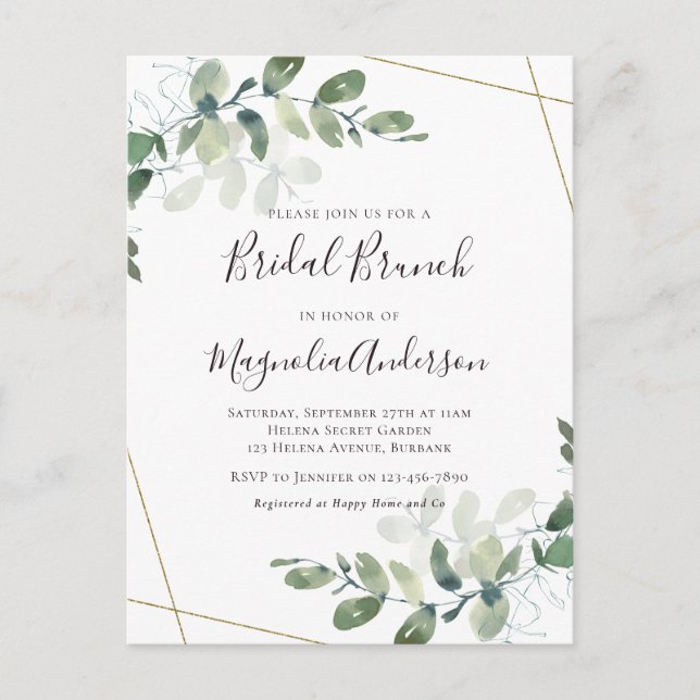 Elegant Eucalyptus Bridal Brunch Einladung Postca Postkarte (Vorderseite)