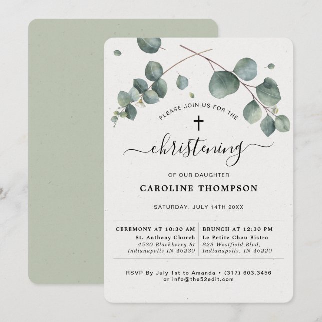 Elegant Eucalyptus Christening Einladung (Vorne/Hinten)
