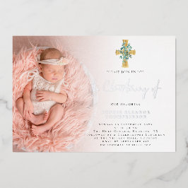 Elegant Eucalyptus Cross Foto Christening Real Folieneinladung