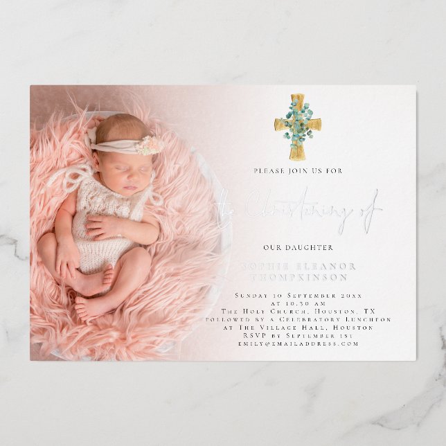 Elegant Eucalyptus Cross Foto Christening Real Folieneinladung (Vorderseite)