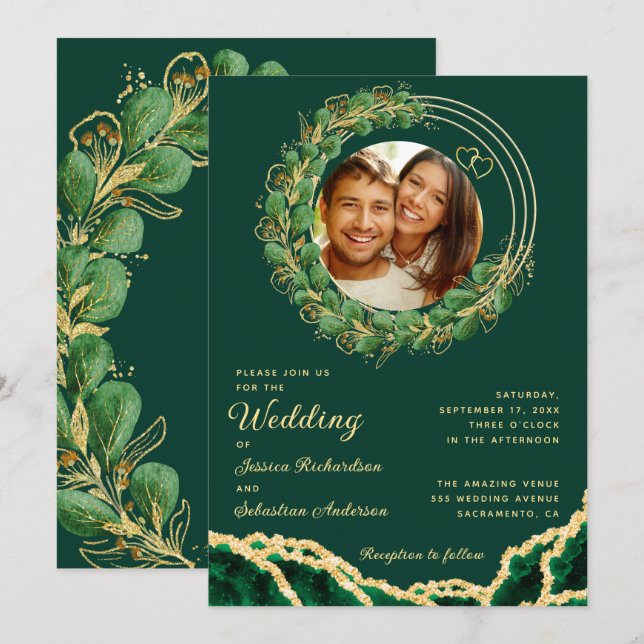 Elegant Eucalyptus Emerald Green Wedding Foto Einladung (Vorne/Hinten)