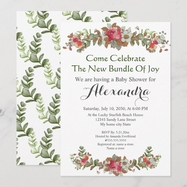 Elegant Eucalyptus Floral Baby Shower Einladung (Vorne/Hinten)