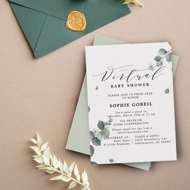 Elegant Eucalyptus Floral VIRTUTAL Baby Shower Einladung (Von Creator hochgeladen)