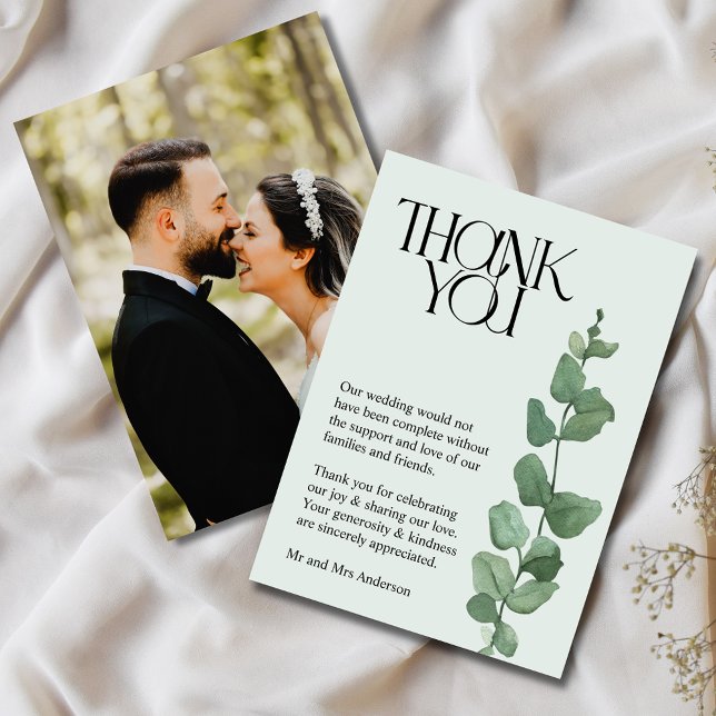 Elegant Eucalyptus Foto Wedding Vielen Dank Dankeskarte (Elegant Wedding Photo Collage Thank You Card)