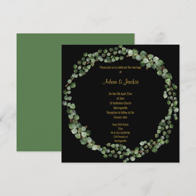 Elegant Eucalyptus Full Wreath Wedding Black Einladung (Vorne/Hinten)