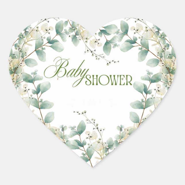Elegant Eucalyptus Gender Neutral Baby Shower Herz-Aufkleber (Vorderseite)