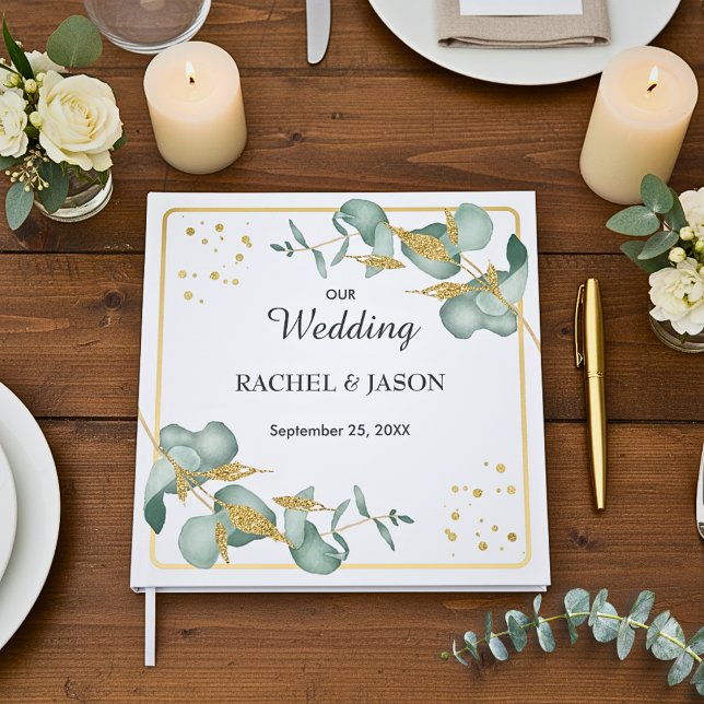 Elegant Eucalyptus Gold Glitter Greenery Wedding Gästebuch (Beautiful Botanical Eucalyptus Leaves Gold Glitter Personalized Wedding Guestbook Keepsake)