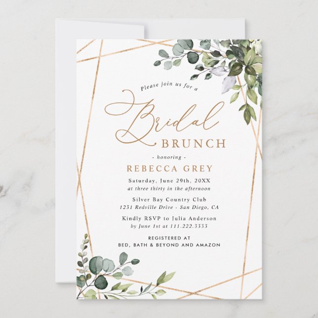 Elegant Eucalyptus Gold Greenery Bridal Brunch Einladung (Vorderseite)