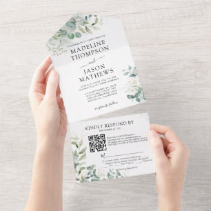 Elegant Eucalyptus Gold Greenery QR Code Wedding All In One Einladung