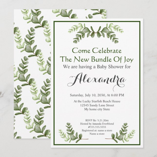 Elégant Eucalyptus Green Baby shower invitation (Devant / Derrière)