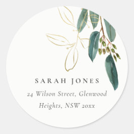 ELEGANT EUCALYPTUS GREEN GOLD FOLIAGE ADRESSE LABE RUNDER AUFKLEBER
