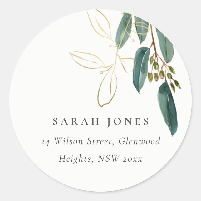 ELEGANT EUCALYPTUS GREEN GOLD FOLIAGE ADRESSE LABE RUNDER AUFKLEBER (Vorderseite)