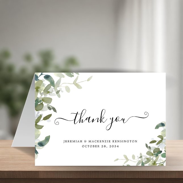 Elegant Eucalyptus Greenerenery Script Wedding Dankeskarte (Elegant Eucalyptus Greenery Script Wedding Thank You Card)