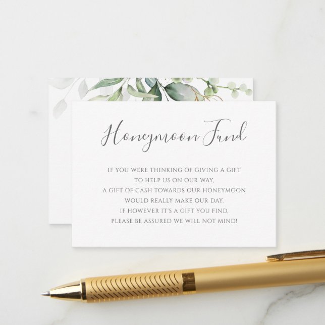 Elegant Eucalyptus Greenerity Gold Honeymoon Fund Begleitkarte (Vorderseite/Rückseite Beispiel)