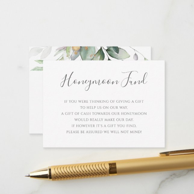 Elegant Eucalyptus Greenerity Gold Honeymoon Fund Begleitkarte (Vorderseite/Rückseite Beispiel)