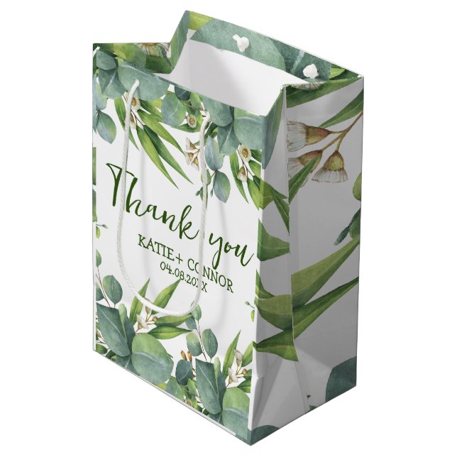 Elegant Eucalyptus Greenery Gefallen Vielen Dank Mittlere Geschenktüte (Vorderseite Schrägansicht)