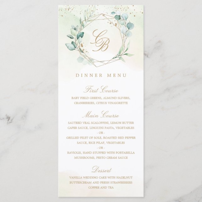 Elegant Eucalyptus Greenery Gold Geometric Wedding Menükarte (Vorderseite)