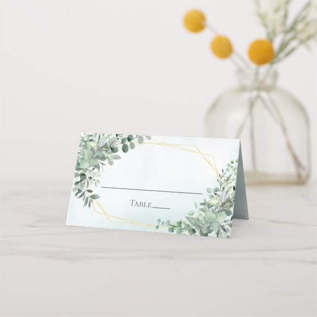 Elegant Eucalyptus Greenery Gold Geometric Wedding Platzkarte (Vorderseite)