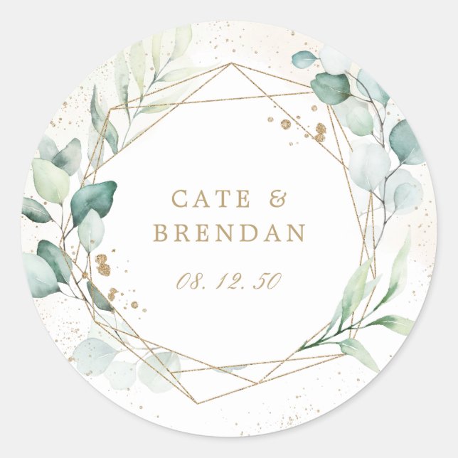 Elegant Eucalyptus Greenery Gold Geometric Wedding Runder Aufkleber (Vorderseite)