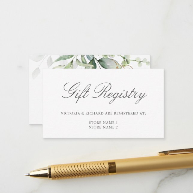 Elegant Eucalyptus Greenery Gold Gift Registry Begleitkarte (Vorderseite/Rückseite Beispiel)