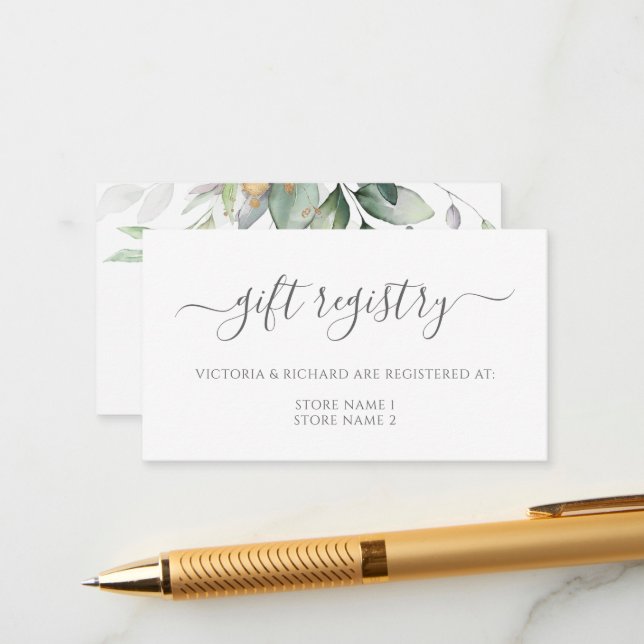 Elegant Eucalyptus Greenery Gold Gift Registry Begleitkarte (Vorderseite/Rückseite Beispiel)