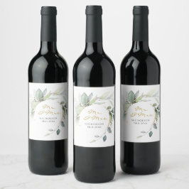 Elegant Eucalyptus Greenery Gold Mr. & Mrs. Wine Weinetikett