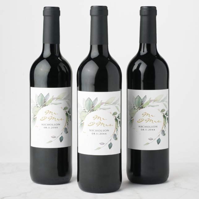 Elegant Eucalyptus Greenery Gold Mr. & Mrs. Wine Weinetikett (Flaschen)