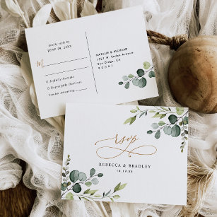 Elegant Eucalyptus Greenery Gold Wedding Rsvp Postkarte