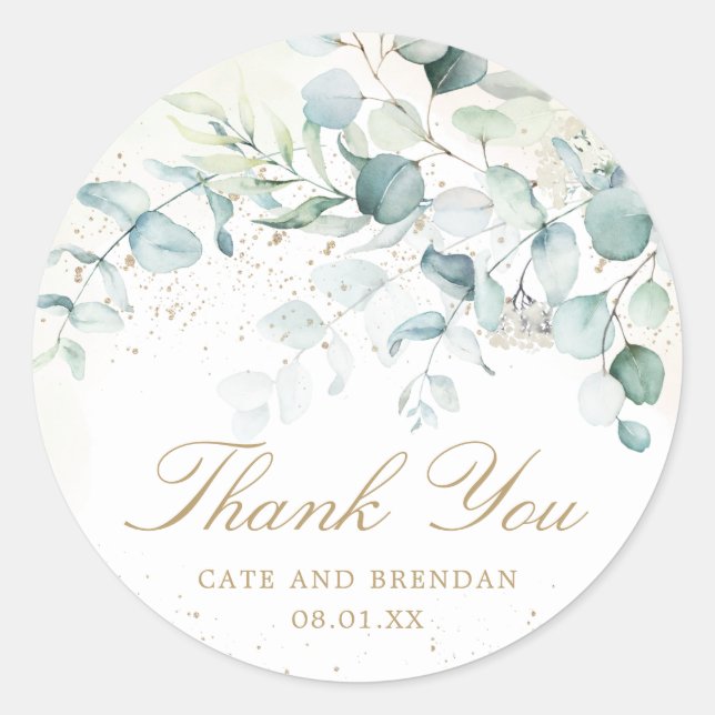 Elegant Eucalyptus Greenery Gold Wedding Vielen Da Runder Aufkleber (Vorderseite)