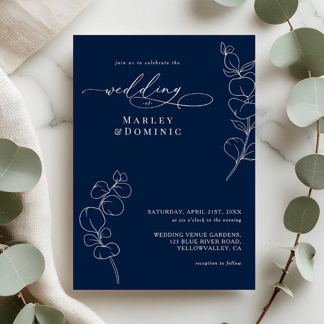 Elegant Eucalyptus Greenery Navy Blue Wedding Einladung (Von Creator hochgeladen)