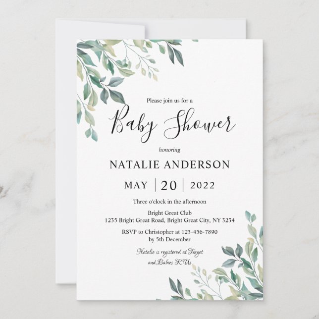 Elegant Eucalyptus Greenery Rustic Baby Shower Einladung (Vorderseite)